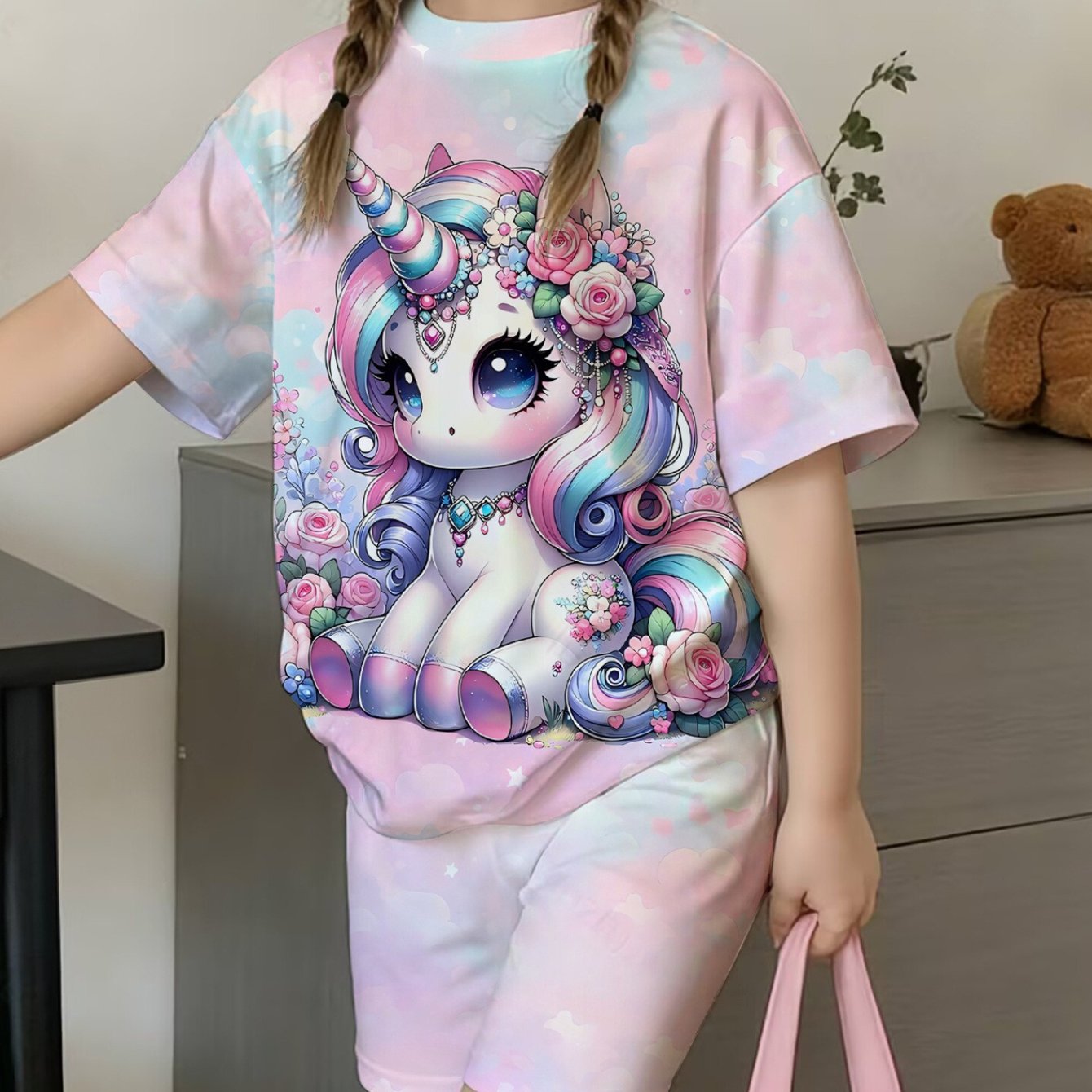 TEMU Unicorn Girls' T-shirt And Shorts Set Pink Cute Big- Unicorn Outdoor Casual Novelty Outfit Comfortable Soft T-shirt And Shorts Set Cute Set, For