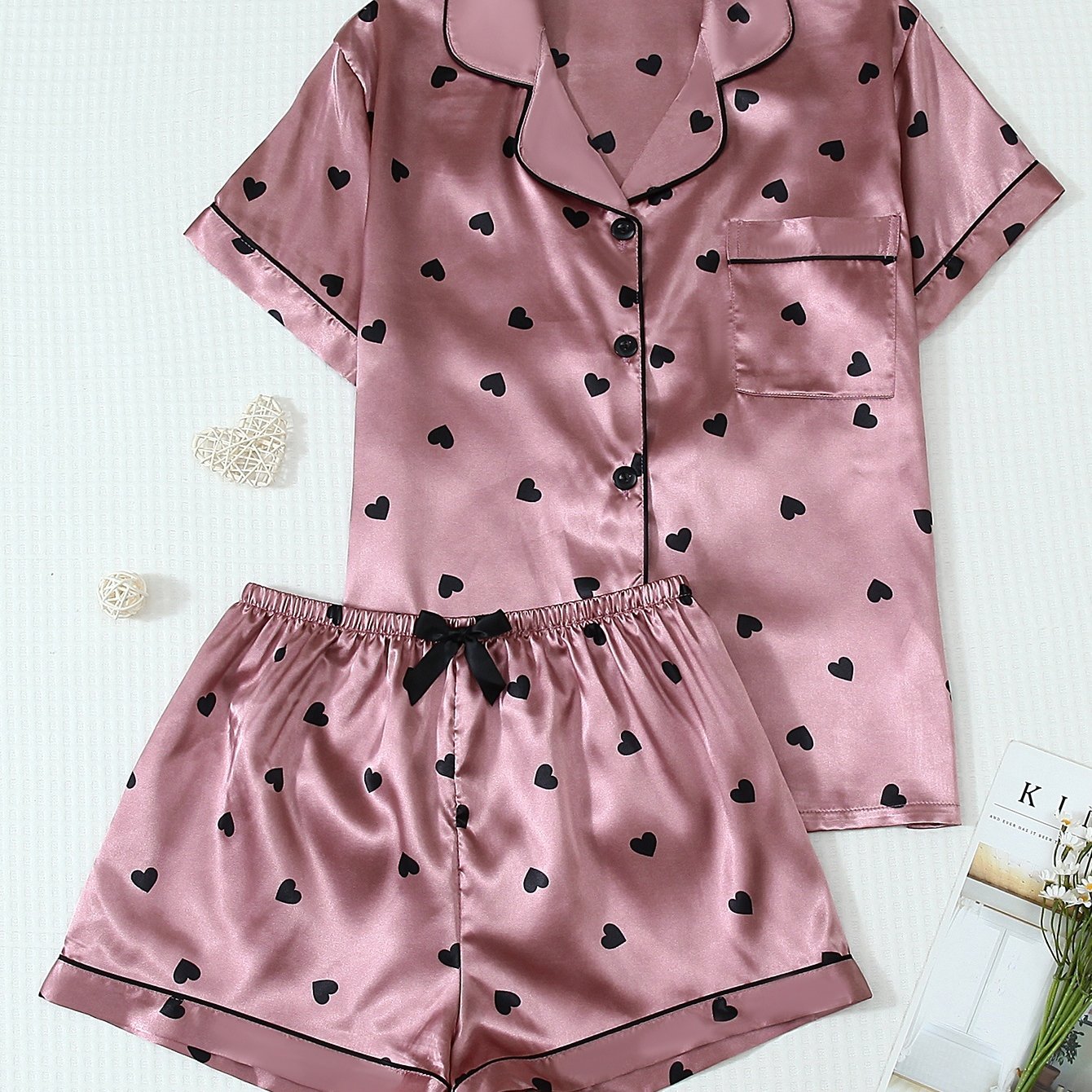 TEMU 2pcs Satin Collar Short Sleeve Pocket Embroidered Top And Bow Shorts Women's Pajama Set