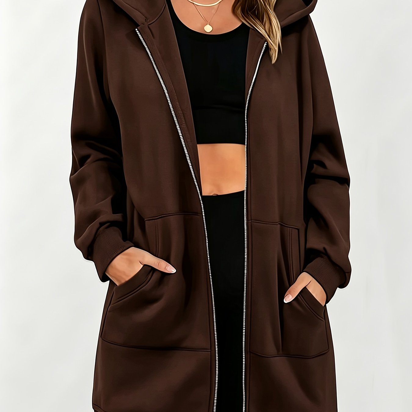 TEMU Women's Long Hooded Sweatshirt Jacket, Autumn/winter Thick Hoodie, Versatile Loose Fit Casual Long Sleeve Zip-up Cardigan Jacket