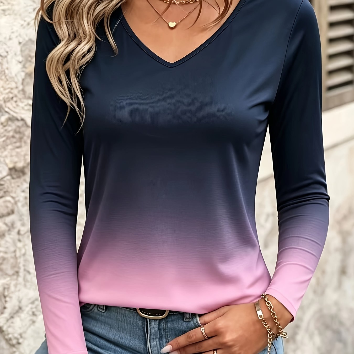 TEMU Women's V-neck Gradient Color Long Sleeve Casual T-shirt, Autumn Spring Apparel