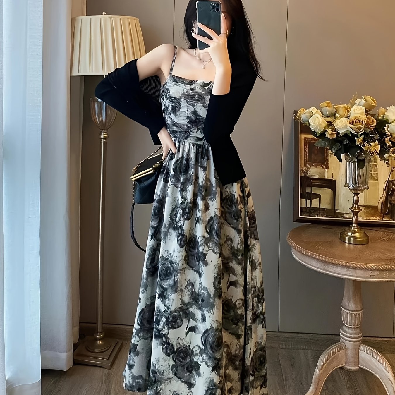 TEMU レトロ 水墨画風 ルプリント レディースドレスセット、春夏用 薄手 日焼け防止 結び紐カーディガン、 ローズル サスペンダードレス 2点セット