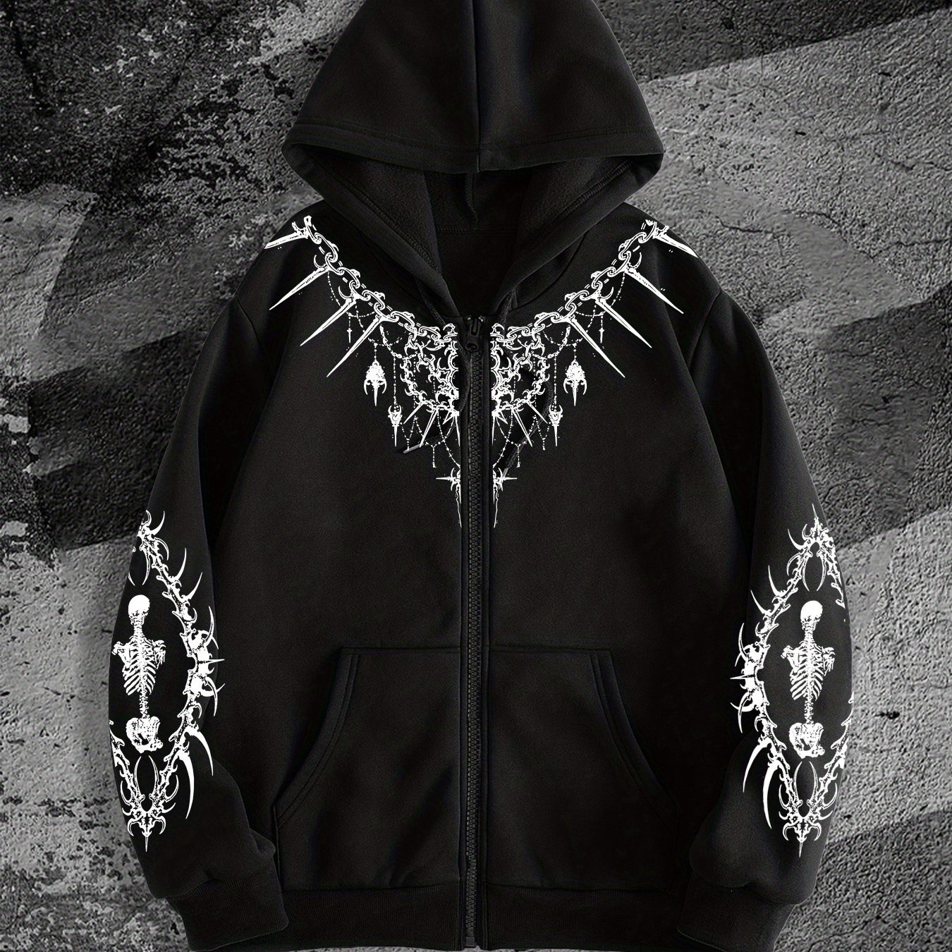 TEMU Men's Gothic Dark Zip-up Hoodie, Fashionable Street Style Zip-up Hoodie For Casual Occasions, For Trendy Outfits
