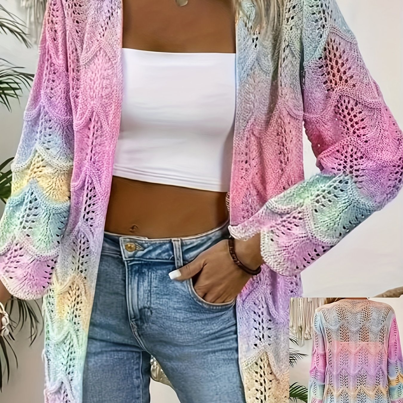 Plus Size, Women's Plus Size Open Front Long Sleeve Cardigan, Unique Colorful Hollow Cardigan