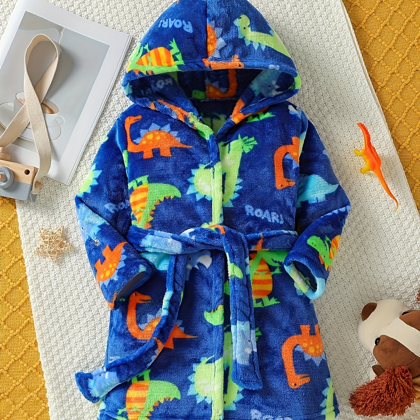 Boy Dinosaur Stuffed Flannel Bathrobe With Cap And Belt, Flame-retardant Fabric, Cartoon Home Outfit ( Flame Retardancy Test)