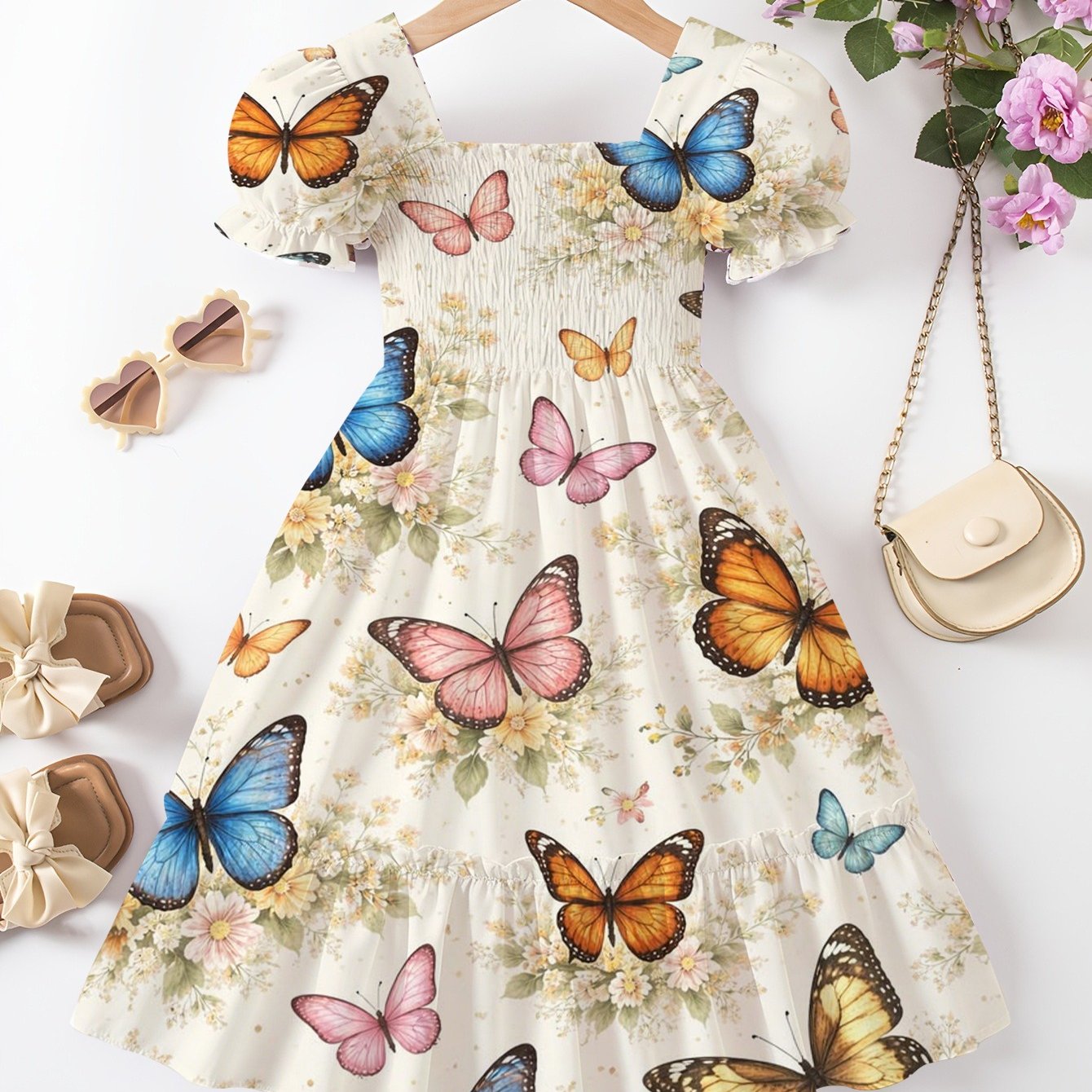 Full Print Girls' Summer Short Sleeved Pleated Dress, Print, Dress, Ruffle , Chest Pleated, Elastic Cuffs Tight, Perfect For Little Girls' Summer , Vacations, And Leisure Beach Time