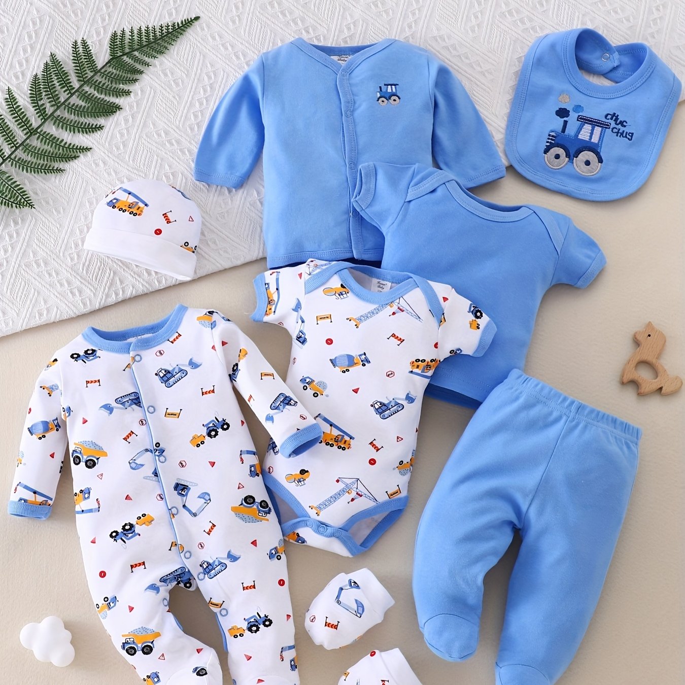 Image of Baby Newborn Set 8pcss 0-9m Baby Boy Infant Clothes Boy Excavator Embroidery Romper Newborn Casual Triangle Climbing Clothes Baby Hat Baby Gloves Baby Bib, Newborn 8pcs Set, For Outdoor