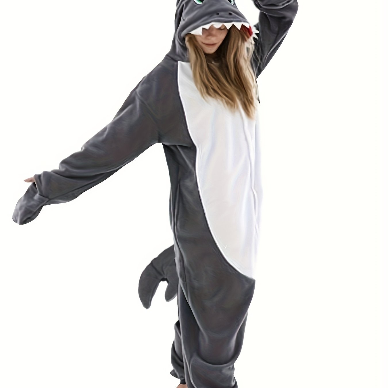 Image of Women's Thickened Shark Costume Full-body Hooded Jumpsuit With Plush Fins & Tail - Winter Warm One-piece Outfit For Themed Parties,, Costume Events - Machine Washable Shark Costume Gift For Adults