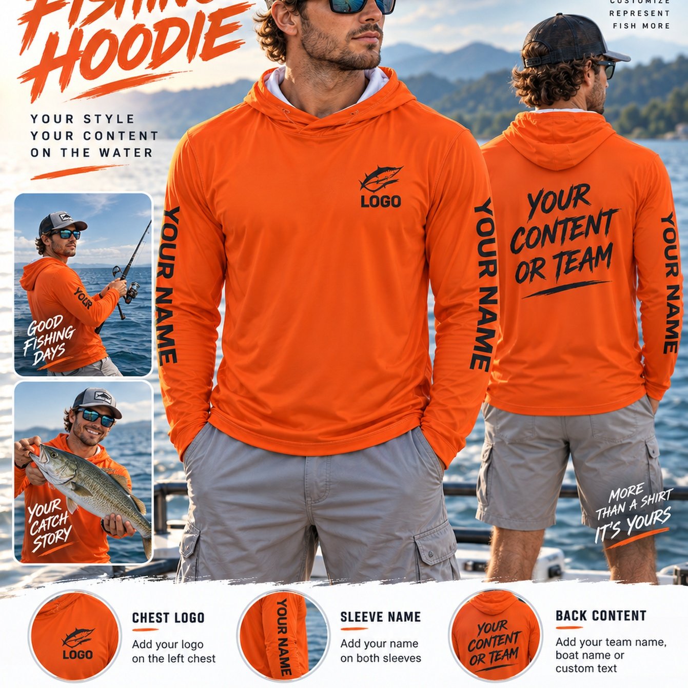 TEMU Custom Fishing Hoodie, Long-sleeve Hooded Sweatshirt For Outdoor Angling, Supports Logo Customization, Can Print Names And Team Names On Sleeves
