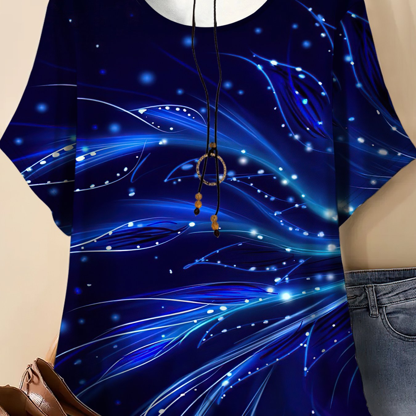 TEMU Plus-size Women's Casual Sport T-shirt, Featuring Star-embellished Floral Print, Vintage European And , Niche European And , Round Neck Design,