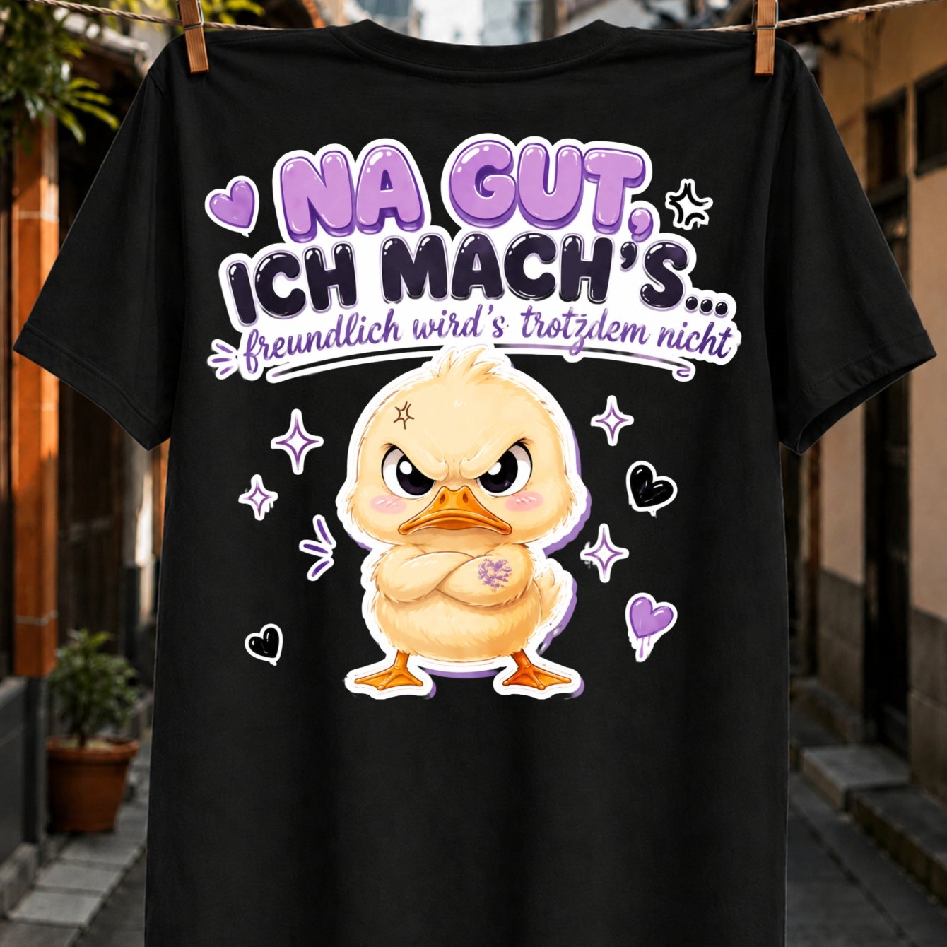 Image of Na Gut Ich Freundlich Wirds Trotzdem Nicht Quote With Duck Purple Hearts And Cute Sarcastic Cartoon Style Unisex All T-shirt