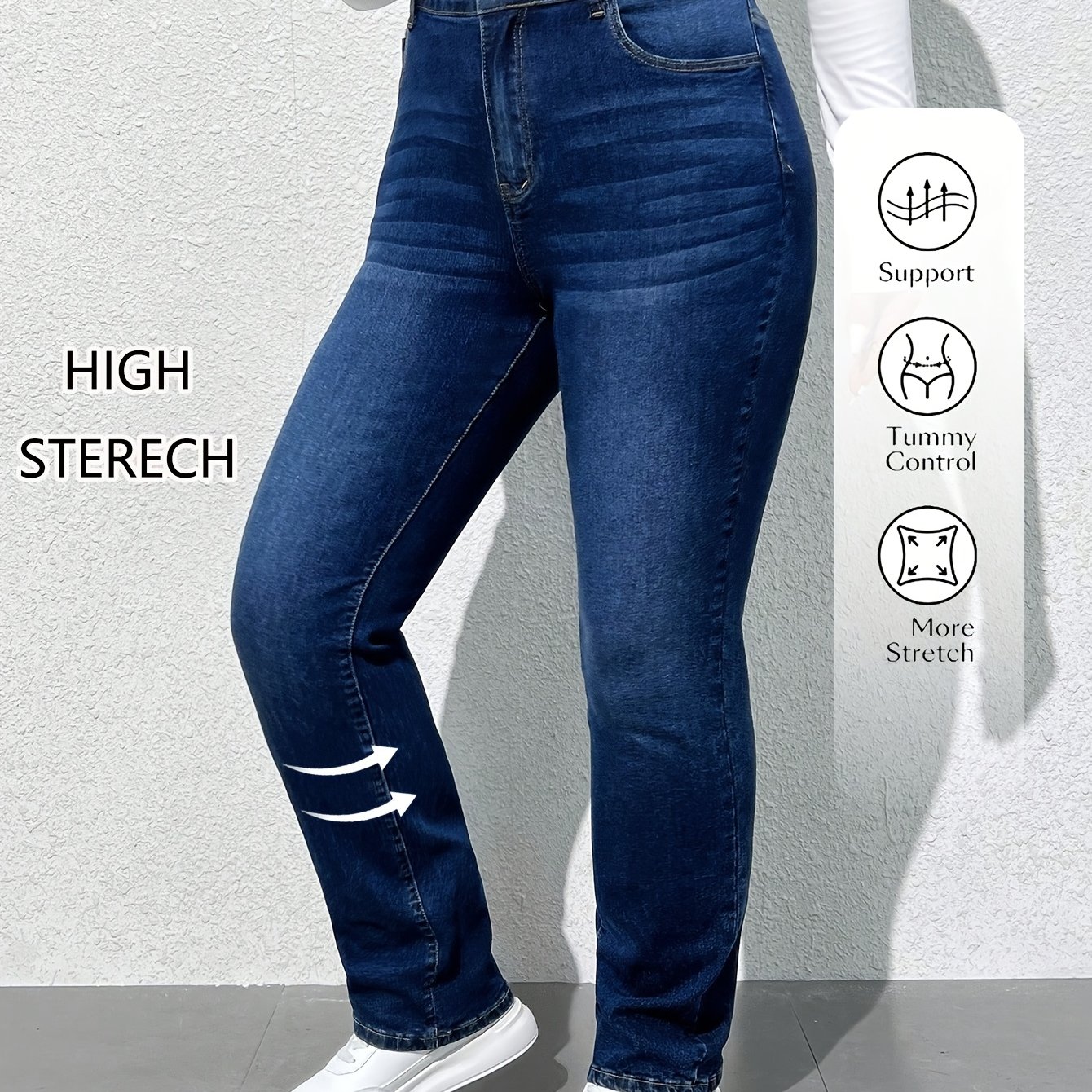 Image of Women's Plus Size High-waist Stretch Denim Pants - Blue Washed Denim, Soft And Comfortable, With Button-closure Design, Stretchy Fabric No Belt Needed - , Light Blue Washed Effect, High-waist Design