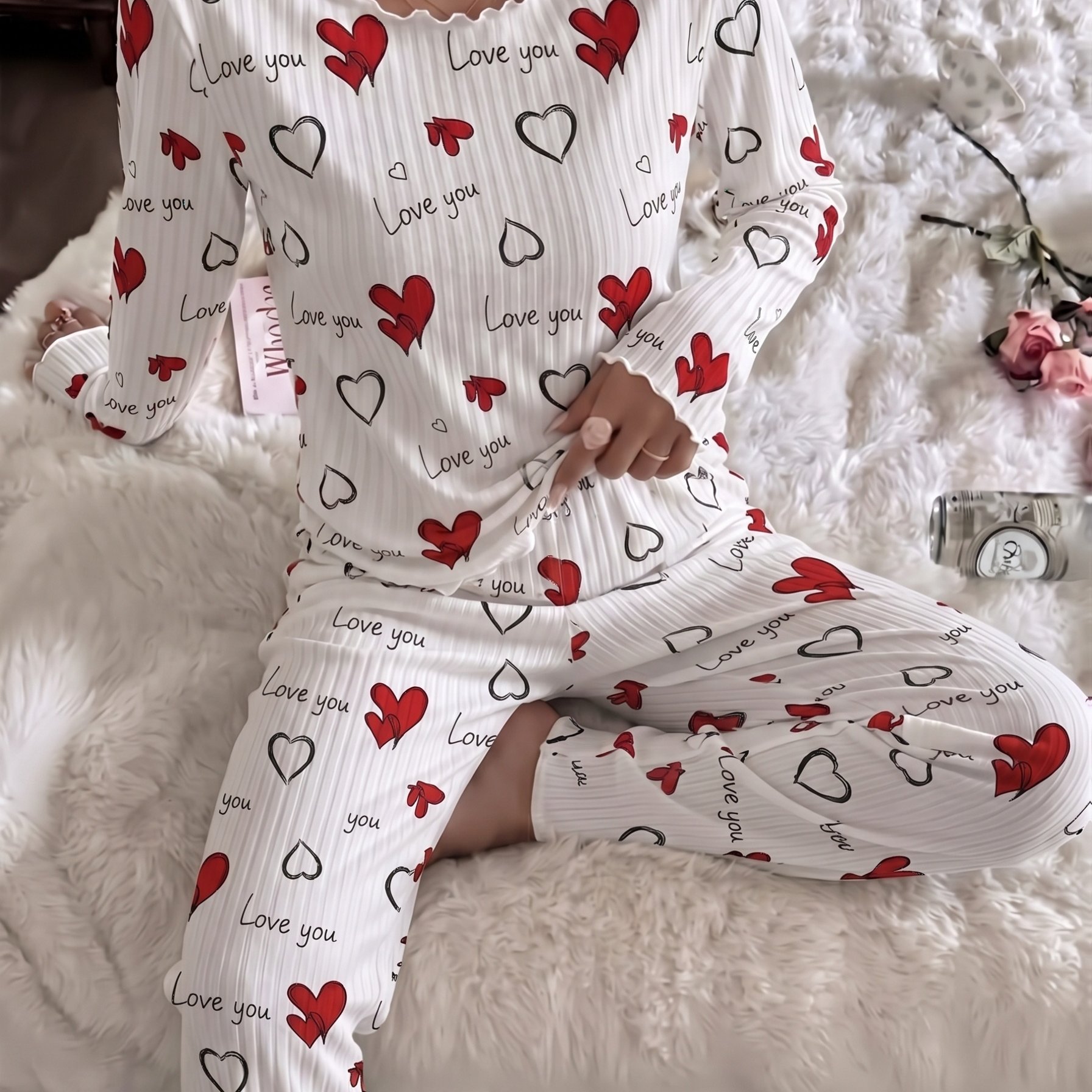TEMU 2026 Otoño Invierno Pijama Premium Acanalado para Mujer de 2 Piezas, Camiseta con Cuello y Larga Estilo INS y Juvenil con Estampado de Corazones