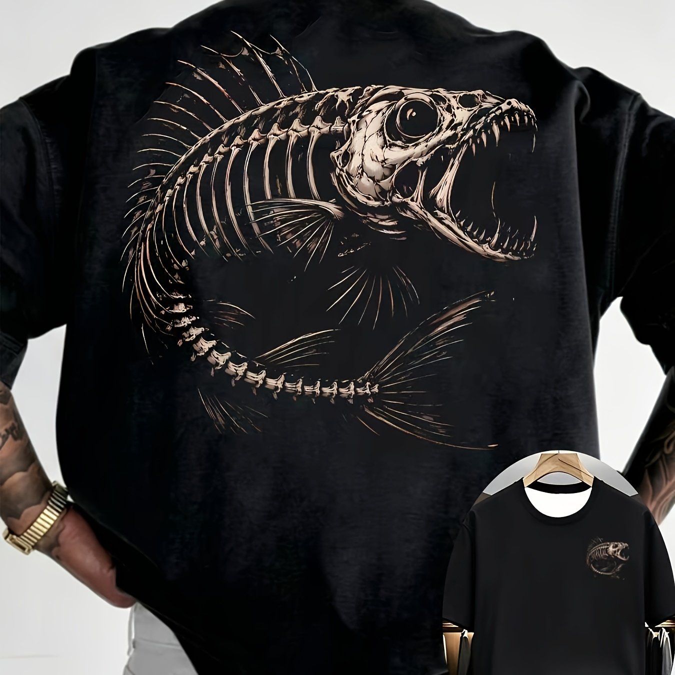 TEMU Men's Plus Size Gothic T-shirt - Double-sided Horror Skull & Fish Print, Vintage Streetwear Short Sleeve Round Neck Top With Front/back Graphic