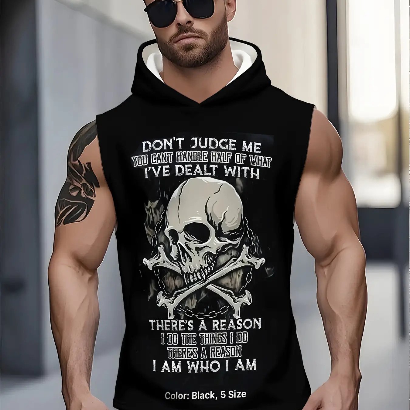 TEMU Men's Gothic Skull Tattoo Sleeve Print Sleeveless Hooded Muscle Tank - Breathable Summer Workout Top, Sleeveless Training Apparel, Gothic