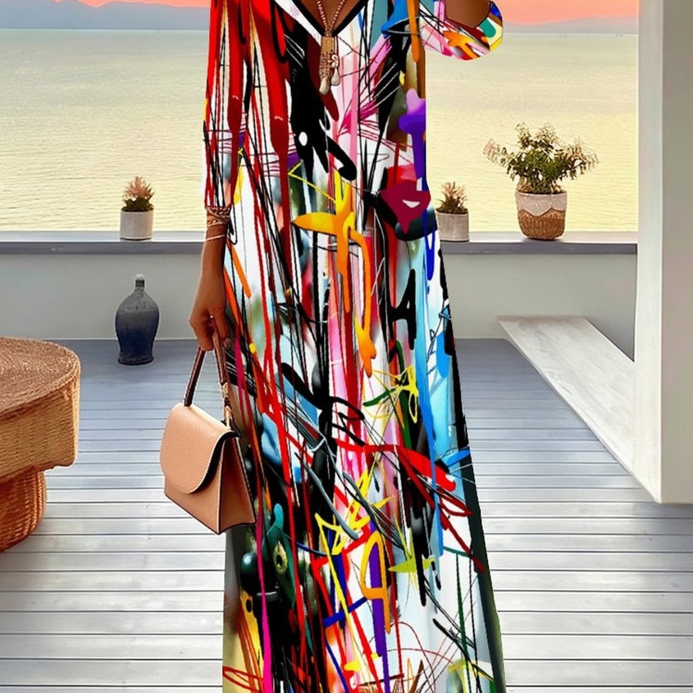 Image of Plus Size, Women's Dress, Women's Plus Size Dress, Tie Dye Style, Full Body Print, Party Occasion, Casual Vacation, Elegant Women's Fashion, V-neck, Mid Sleeved Jumpsuit, Long Skirt