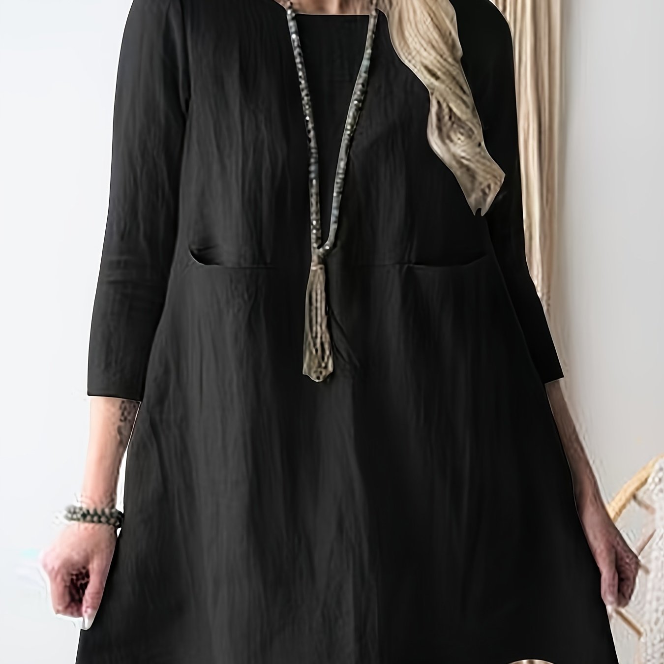 Plus Size - 1pc Plus Size Pocket Loose Round Neck Solid Color 3/4 Sleeve T-shirt Top