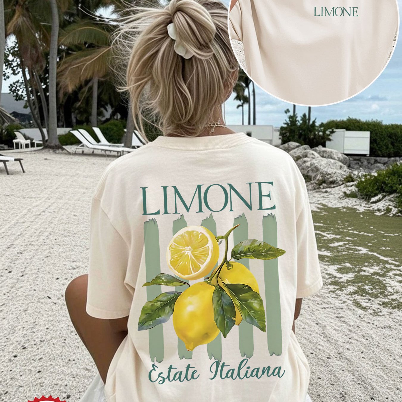 Image of Double-sided Print Summer Loose Casual Women's Top, With Lemon And Green Leaf Limone Èstate Italiana Print, Round Neck Short Sleeve Drop Shoulder Oversized T-shirt