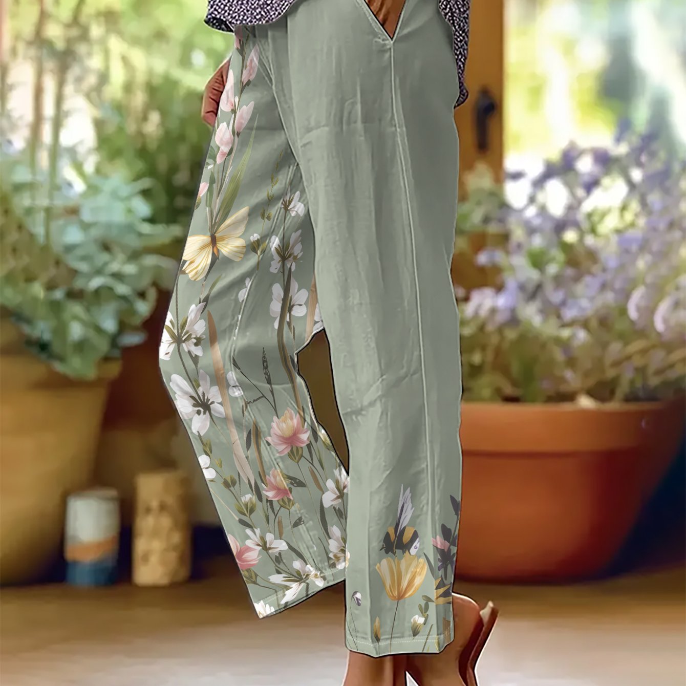 TEMU Women's Casual Pants Featuring Floral And -bee Combination, Natural Vitality Cross-border Pattern Print, With Drawstring