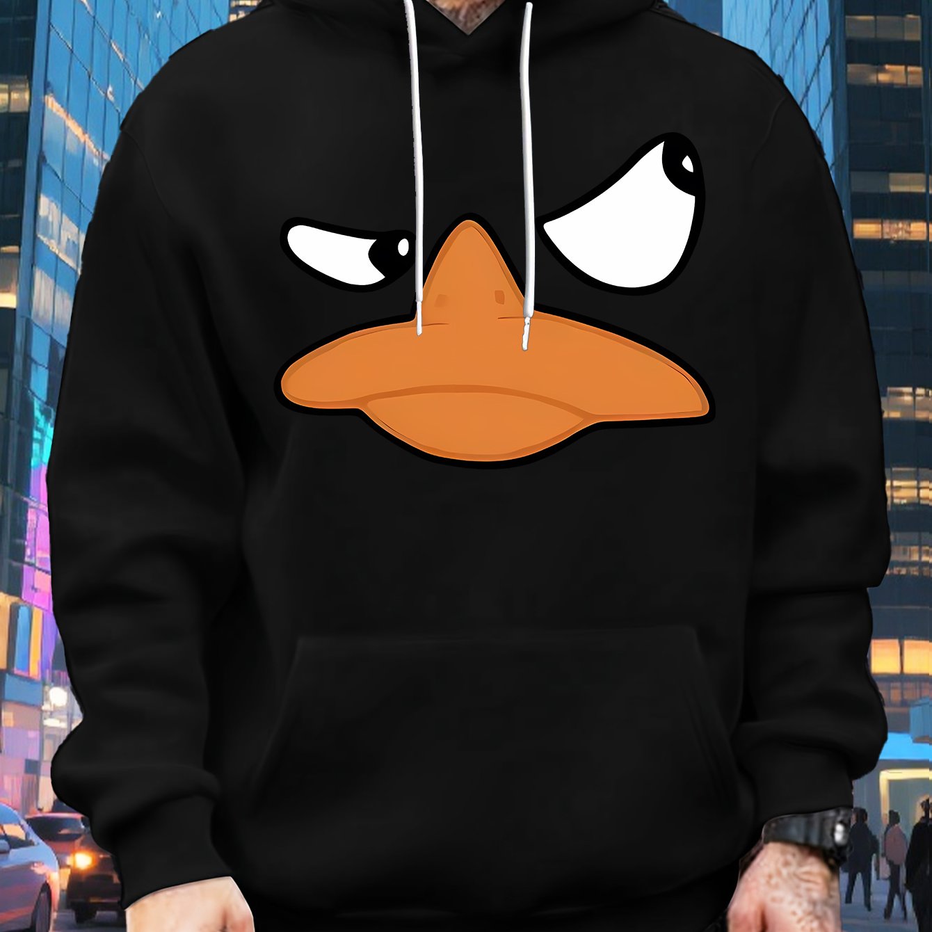 TEMU Cartoon Fun Duck Hot Transfer Pattern Print Design, 1 Oversized High-end Autumn And Winter 's Plus Size Round Neck Street Style Unisex Loose