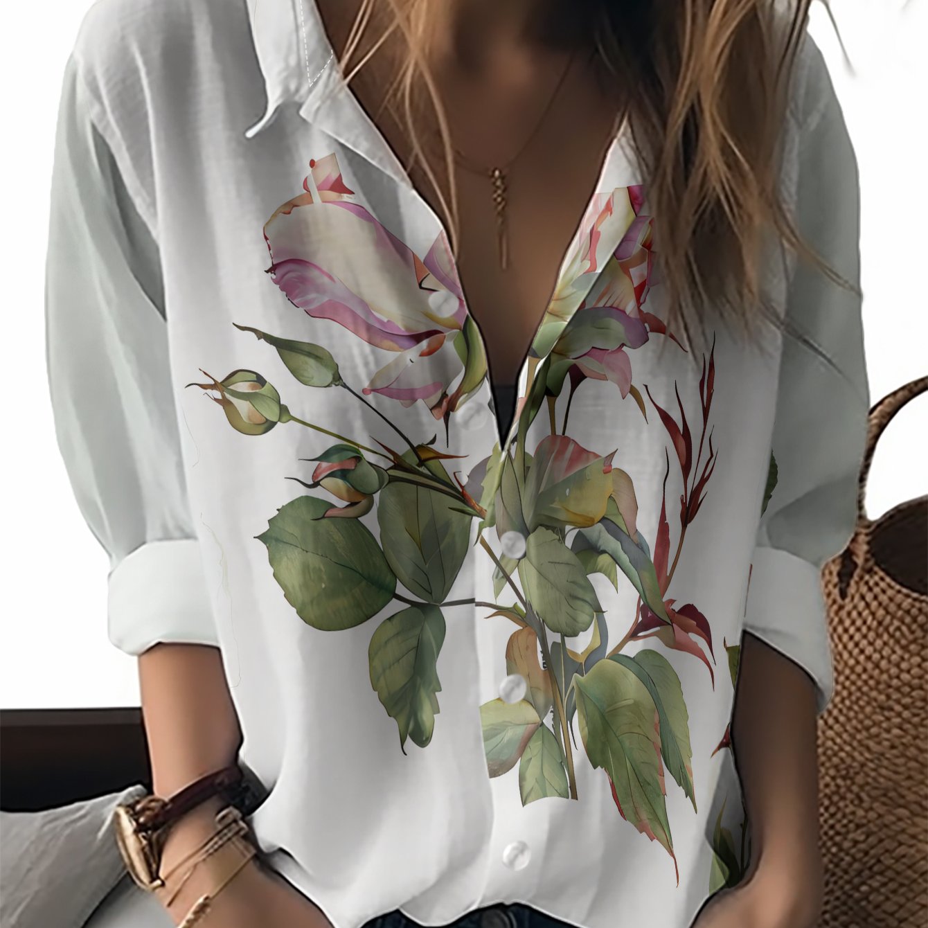 TEMU Women's Vintage Watercolor Rose Print Collar Shirt - Long Sleeve Blouse, Machine Washable Polyester Top Suitable For , Casual & Dressy Wear With