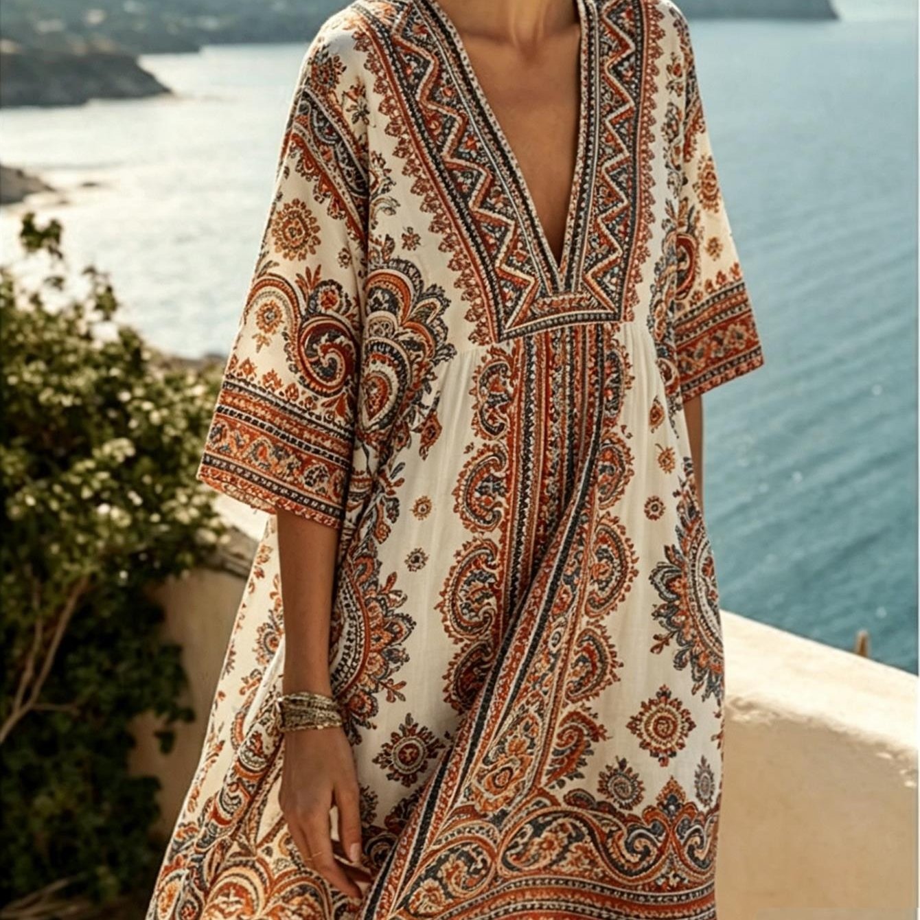 Image of Plus Size, Plus Size Vintage Paisley Print Cover Up Dress, Empire Waist Boho Beach Kaftan For Resort Travel And Swimwear Layering