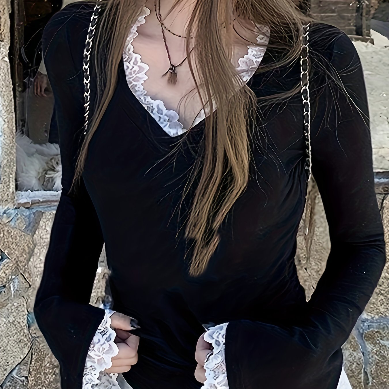 TEMU Spring Women's Base Layer Top, Pure-desire Style Lace-patched Long-sleeve Blouse, Sexy Party Women's Clothing