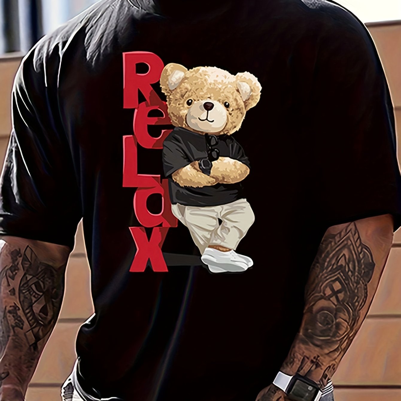Image of Men's Casual Crew Neck T-shirt, 100% Cotton, Stretch Knit Fabric, Regular Fit, 180g, Relax Teddy Bear Graphic Tee, Plus Size