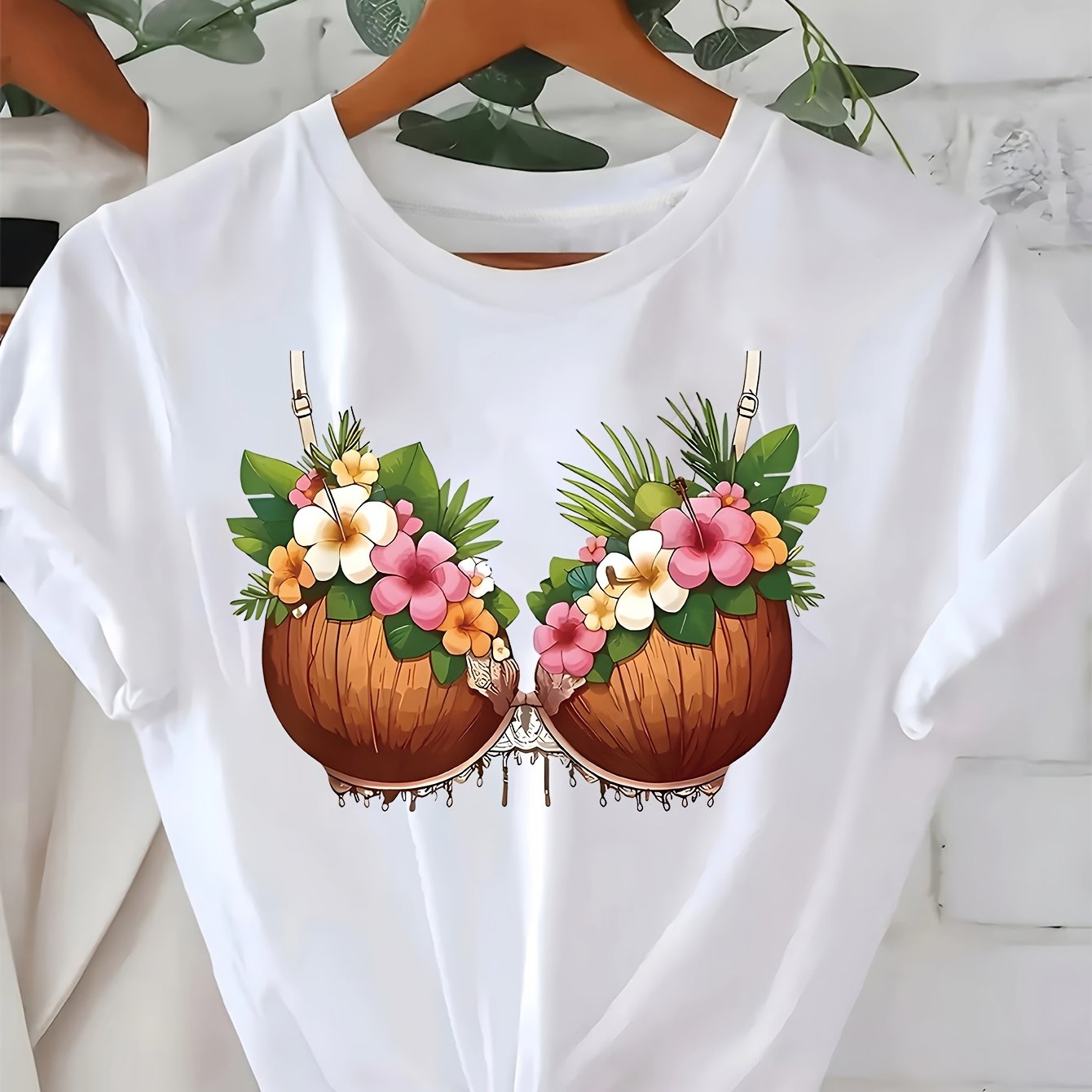 TEMU 1pc Women's Tropical Coconut Floral Print T-shirt, Unique And , Perfect For , Ideal For Spring And Summer, Holiday Gift, Birthday Gift, Casual