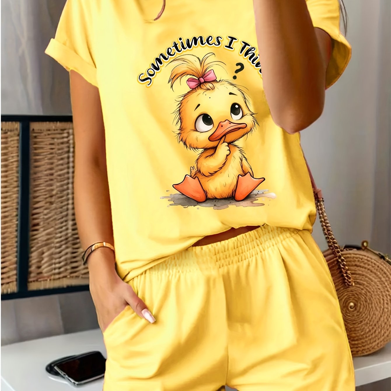TEMU Women's Cute Cartoon Duck Print Summer Outfit - Black Round Neck T-shirt & Shorts Set With Pockets, Soft & Comfortable Casual Wear, Duck
