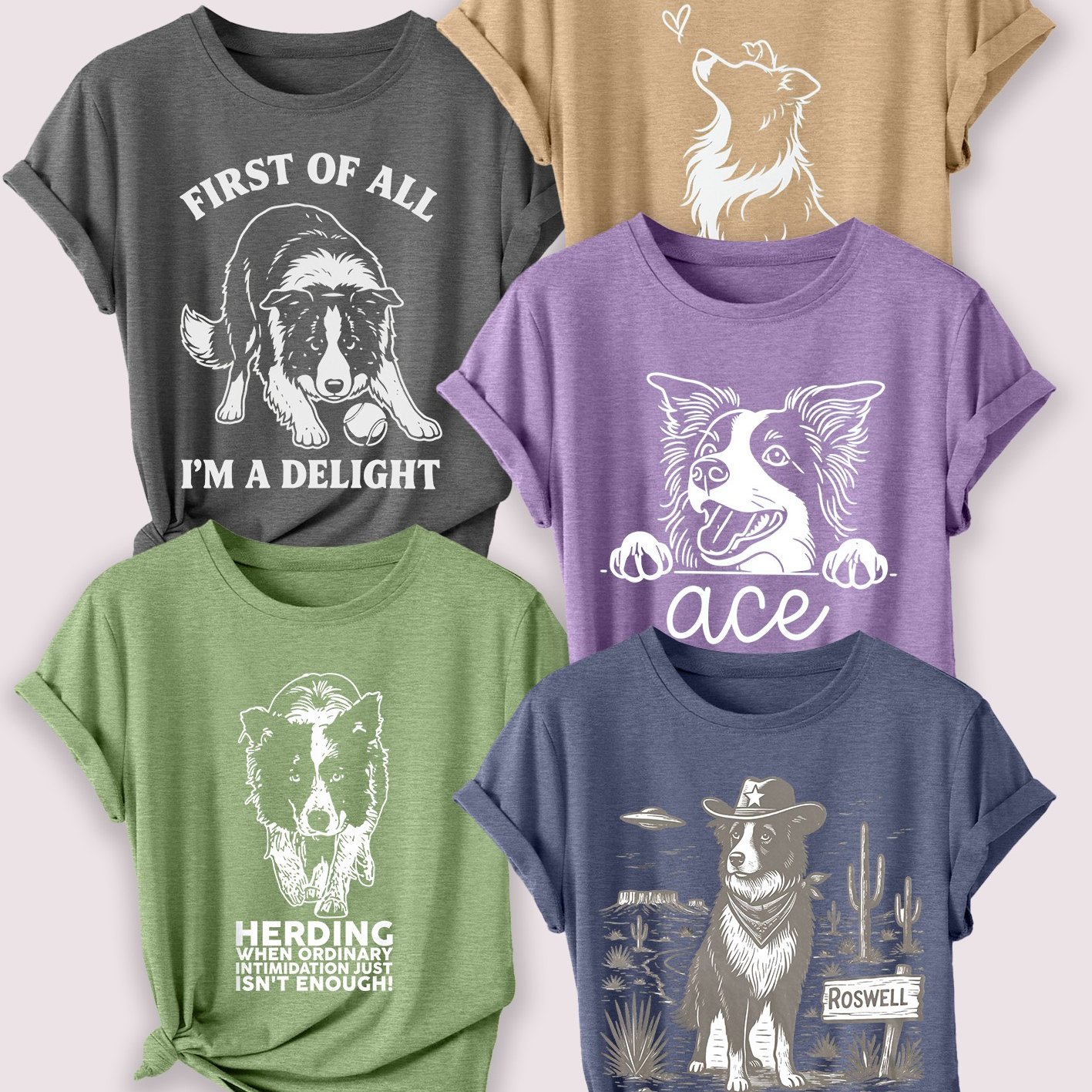 TEMU 5pcs Women's Short Sleeve Border Collie Line Art Vintage Print Summer Casual Wear Top For Work, , Cute, Summer Women's Must-have Fashion Item,