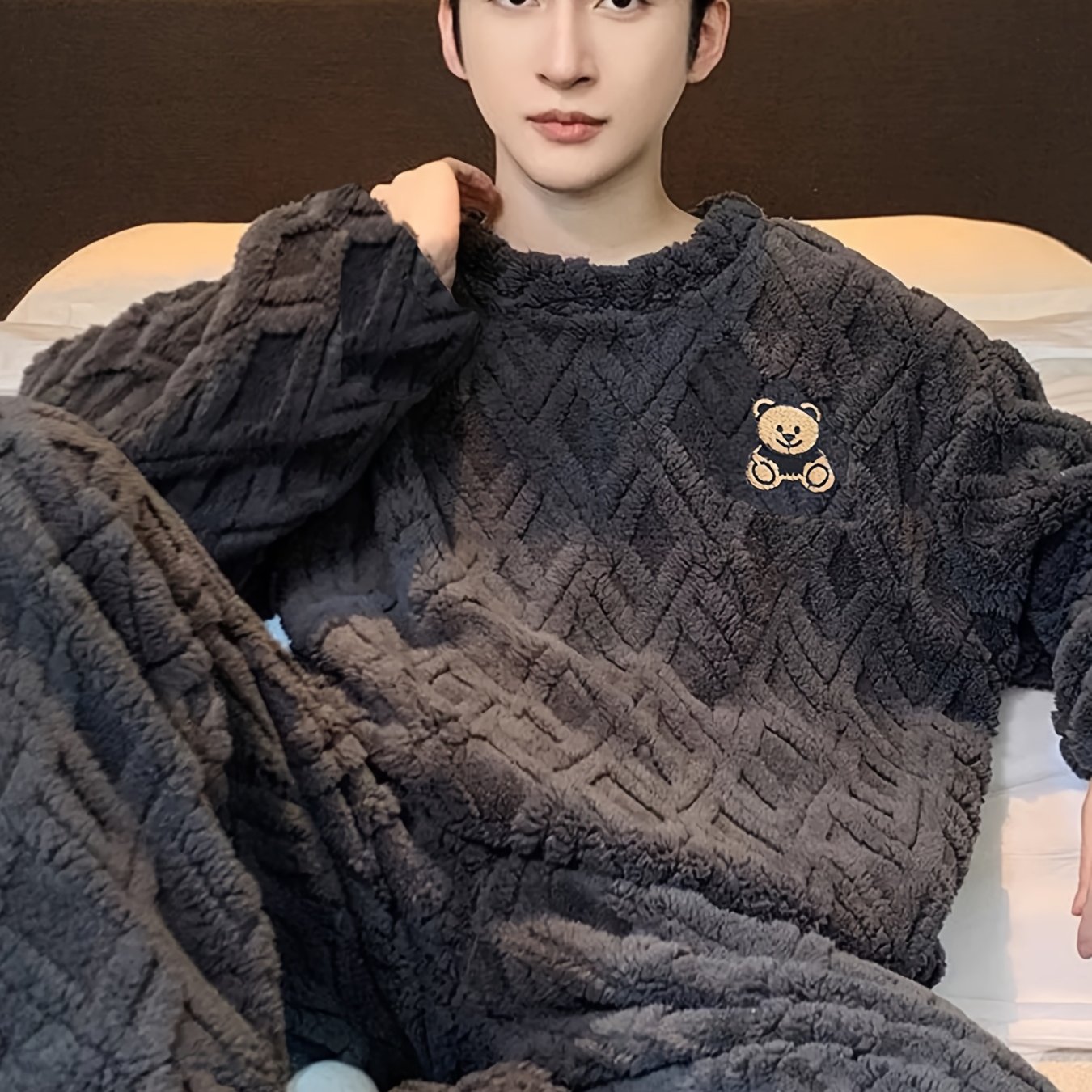 Men's Plush Rhombus Checkered Pajama Set With , Soft And Warm For Autumn/winter