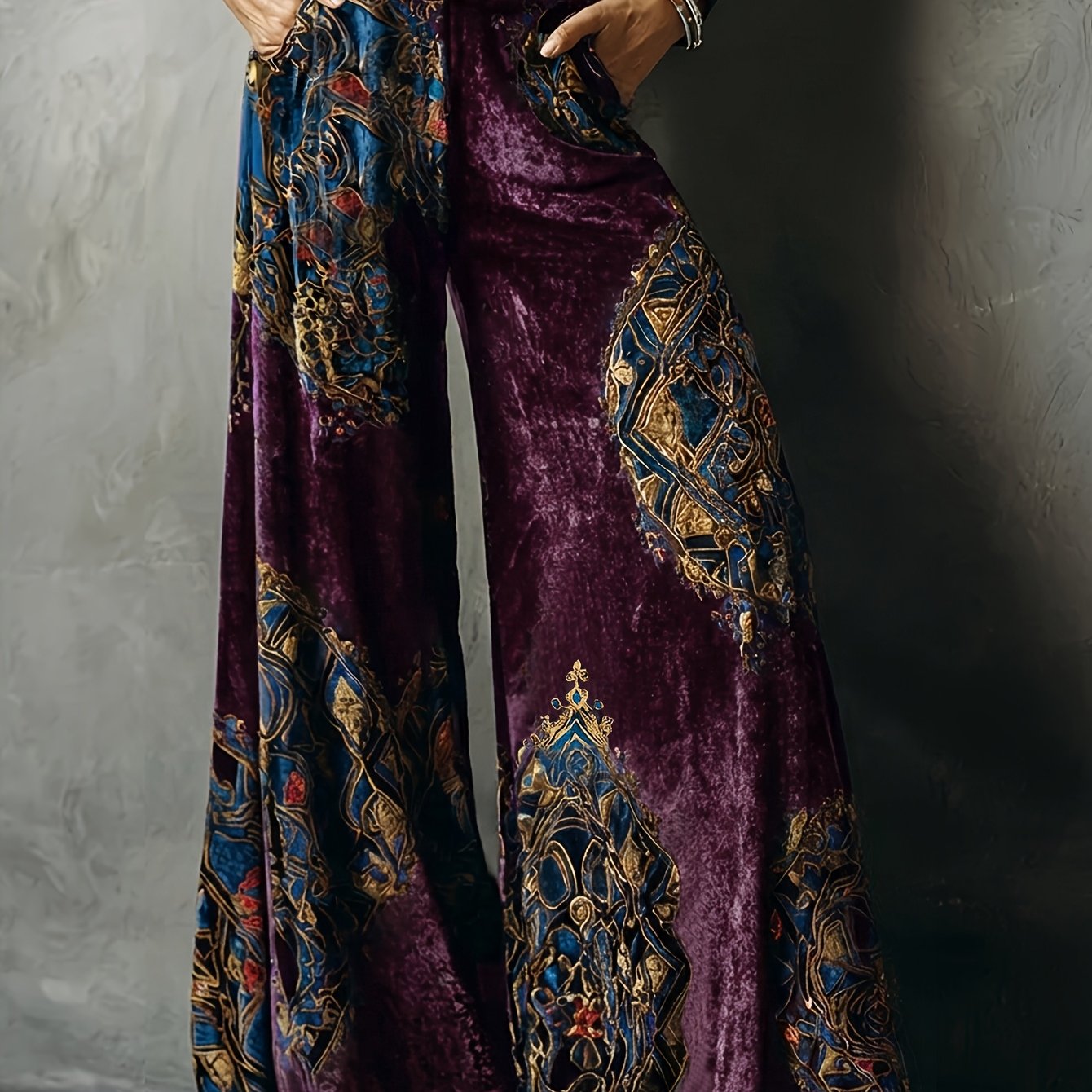 TEMU Pantalon Large Élégant et Vintage Style Cour pour Femme en Velours Bleu Marine - Pantalon Lisse, Fluide, Taille Haute avec Imprimé Aléatoire,