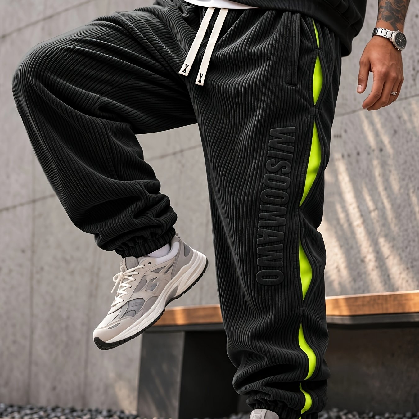 TEMU Men's Corduroy Trousers, Men's Work Pants, Men's Casual Pants, Featuring Trendy Three-dimensional Embossed Letter Accents, With An Adjustable