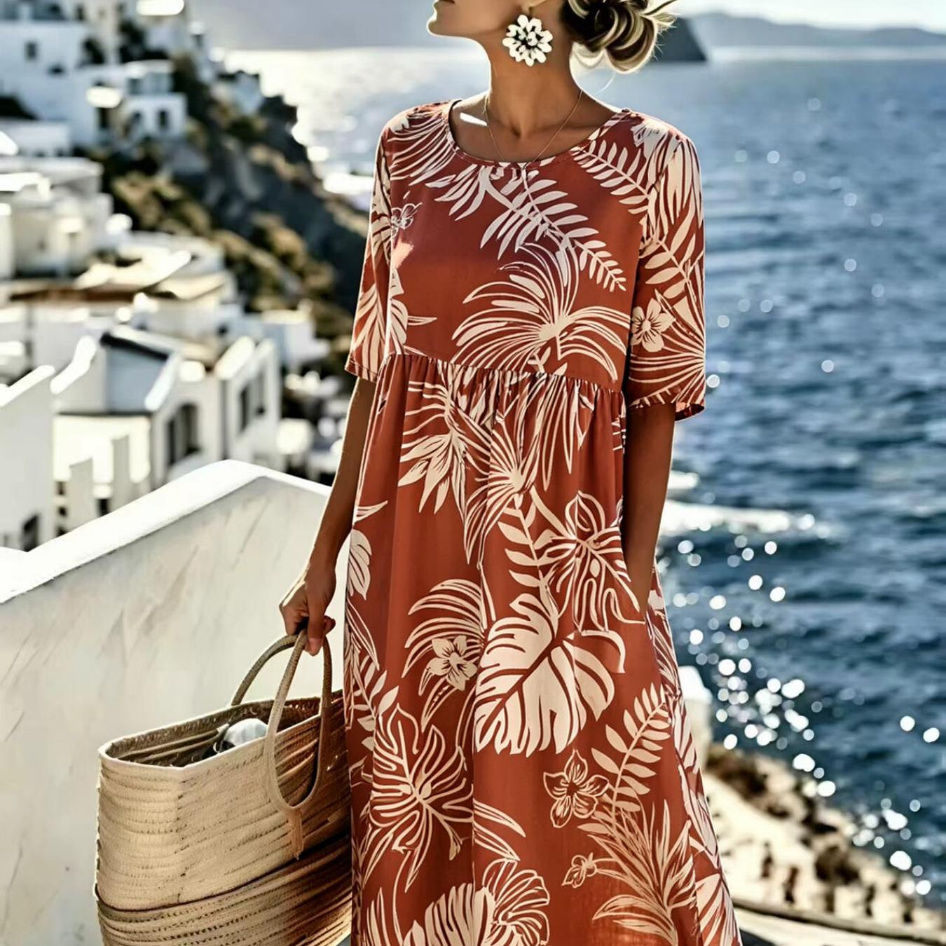 Image of Women's Summer Dress With Palm Leaf Print, Tropical , Elegant And Fashionable, Machine Washable, Ideal For Daily And Commuting, Perfect Gift