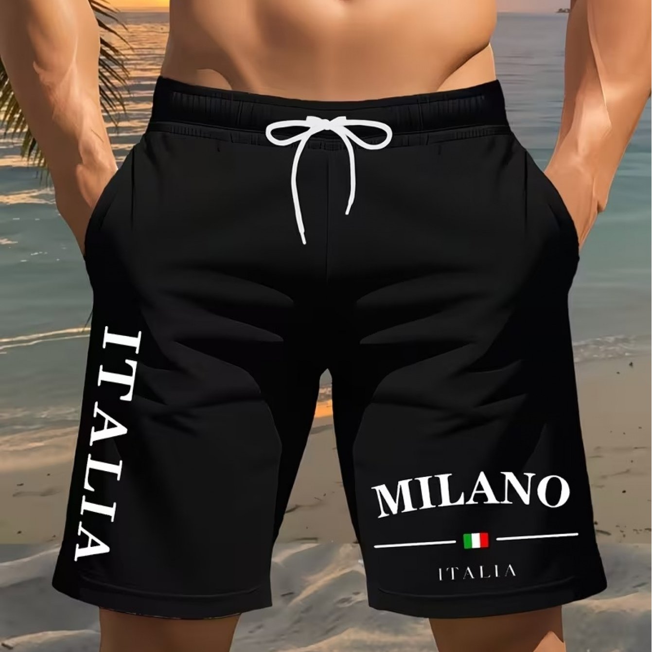TEMU Men's Fashion Print Beach Shorts, , Italy Pattern Print, - Casual Drawstring Waist, Summer Lightweight Comfortable, Casual Wear | Drawstring
