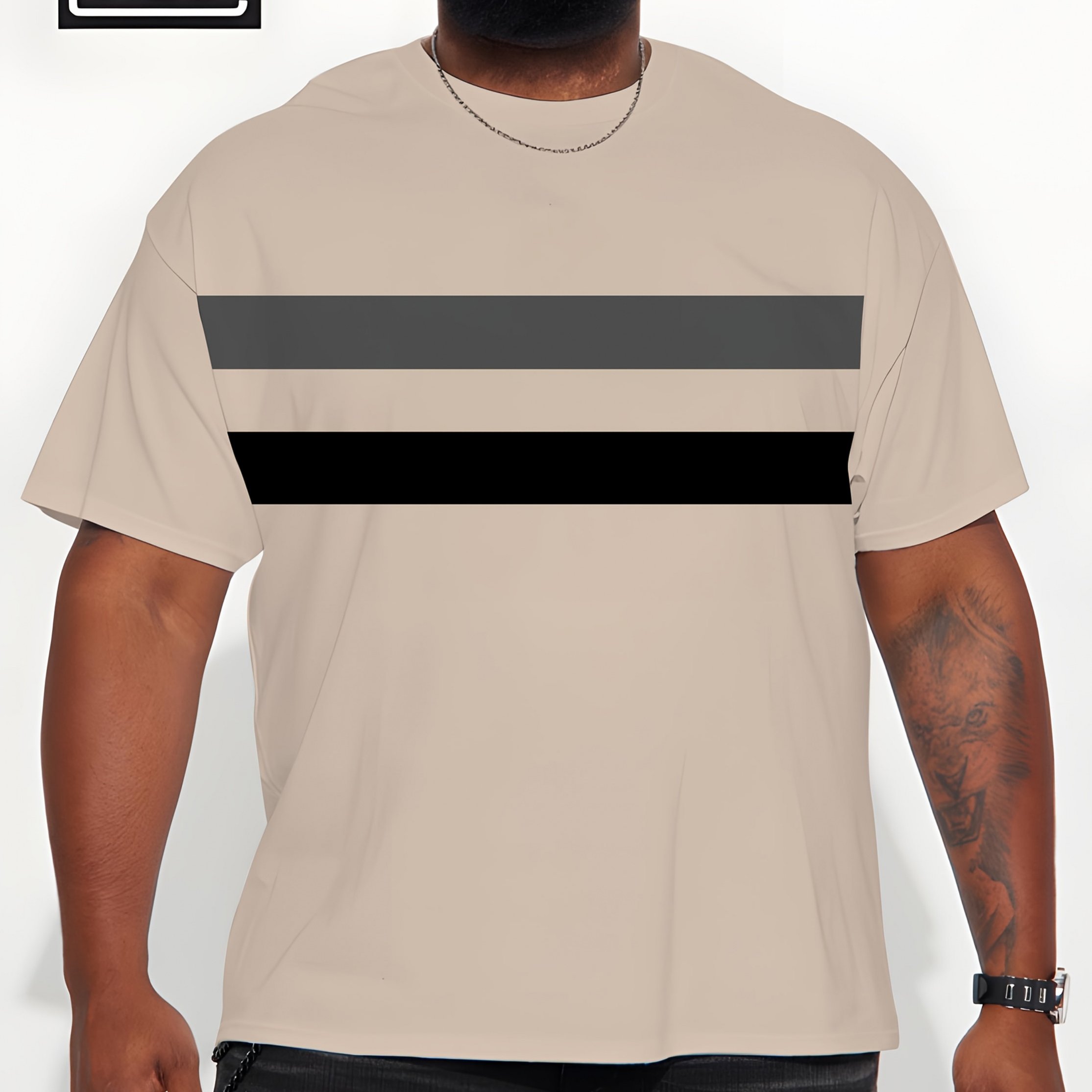 TEMU Men's Plus Size Print T-shirt, Plus Size Men' Short Sleeve, Extra Large Size Men's Striped Round Neck T-shirt - Beige With Black Gray Stripes,