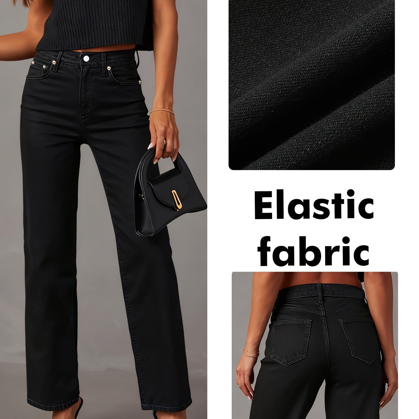 Image of Women's Versatile Spring/summer Black Wide-leg Jeans With Pocket Accents, Stretch Fabric, Suitable For Daily Elegant Workplace Wear, Women's Wide-leg Denim Pants