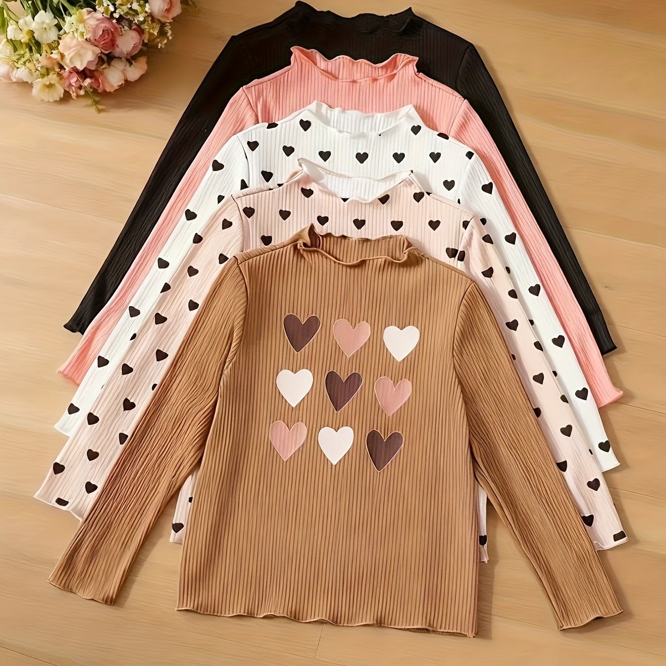 Image of Girls' (small) 5pcs Set Of Heart Pattern Spring/autumn Thin Long-sleeve Tops, Sweet And Cute Semi-high Neck Design, Heart Print With And