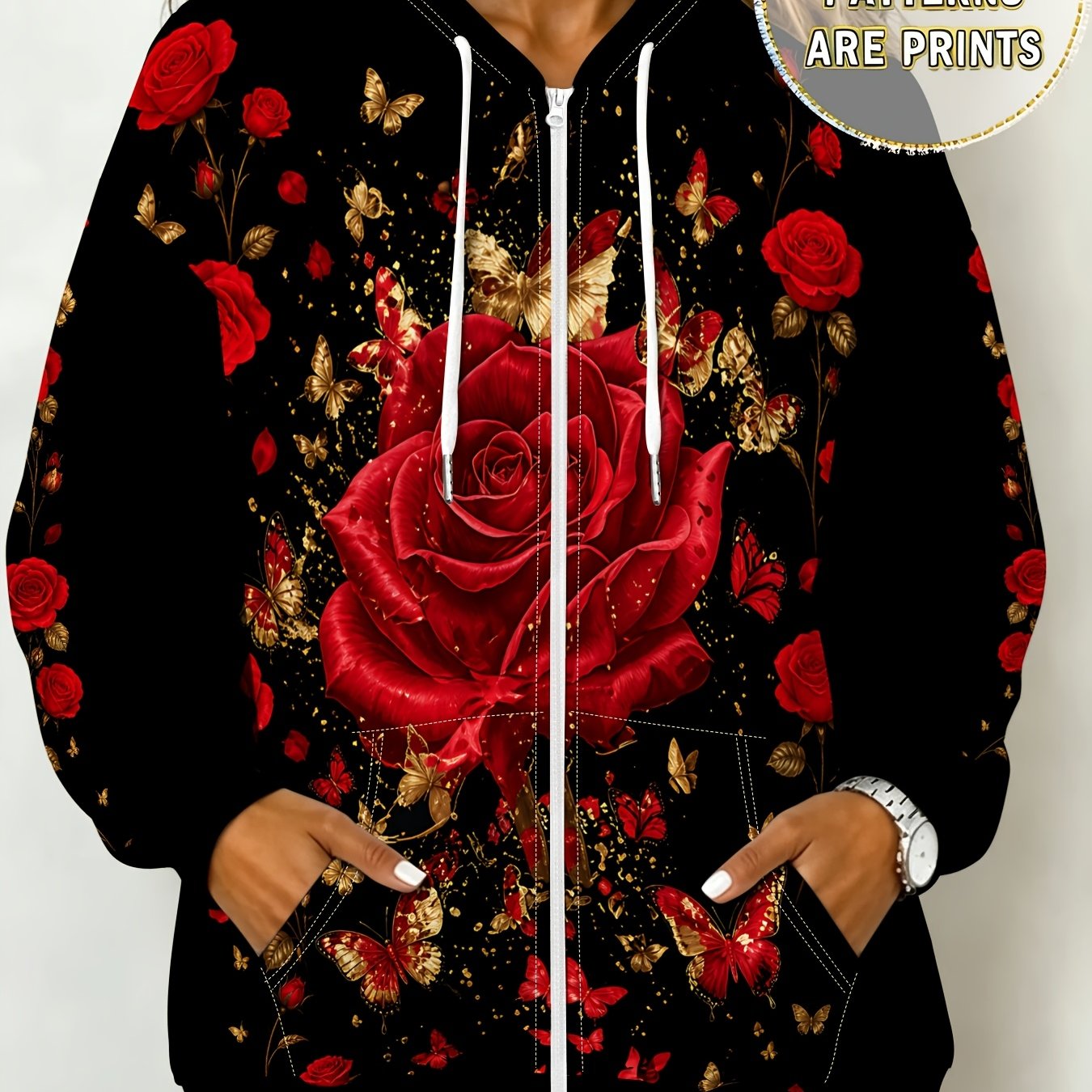 TEMU Plus Size - Women's Plus Size Hooded Casual Jacket, Red Rose Print Black Retro Loose Coat