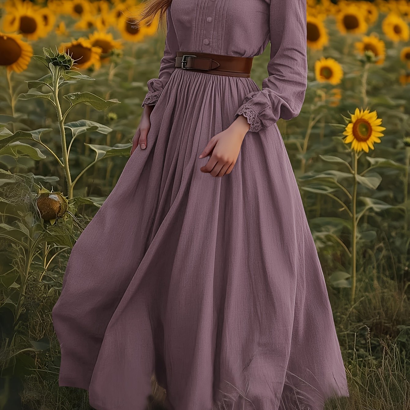 Image of Elegant Solid Color Dress With Faux Buttons, Small Collar, Long Sleeves, And Fabric Decoration For Women, Long Length, No Belt Included Yt