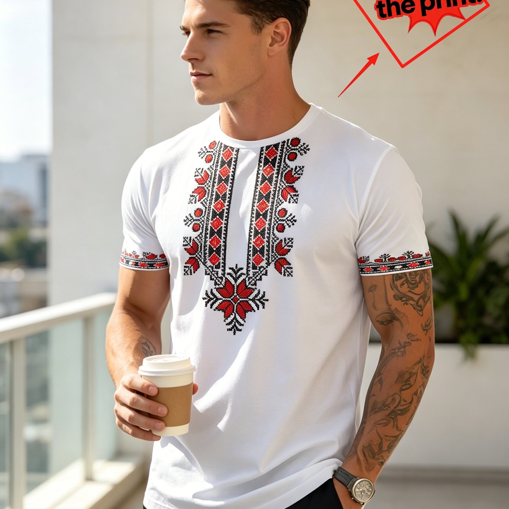 TEMU Men's Eastern European Ethnic T-shirt - Bohemian Floral & Suitable For Text From Translation Errors Print Crew Neck Short Sleeve, Machine