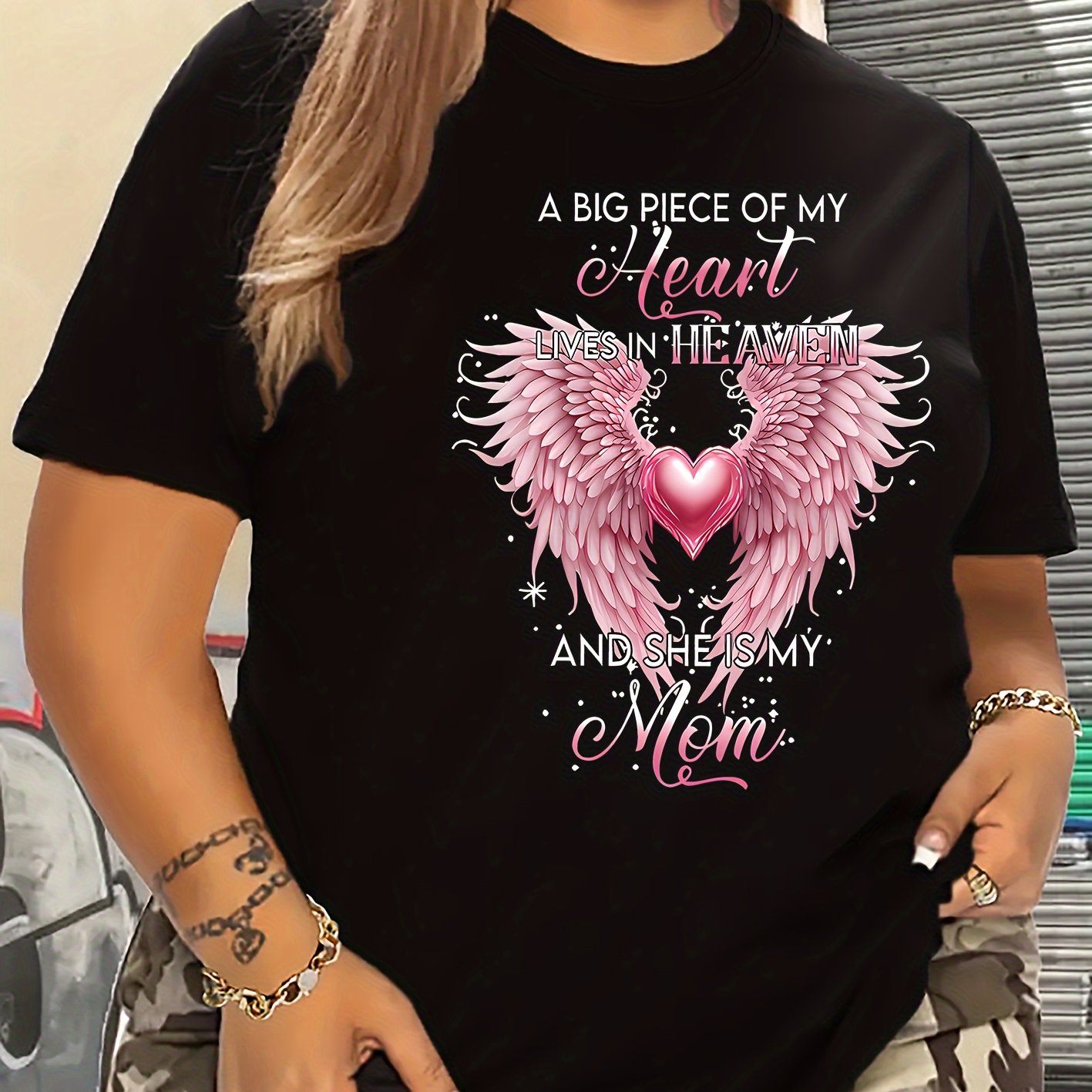 TEMU Plus Size, Women's Casual Graphic Print Loose Fit Short Sleeve T-shirt, Round Neck, Versatile Style, Heart And Wings Print, Loose Fit