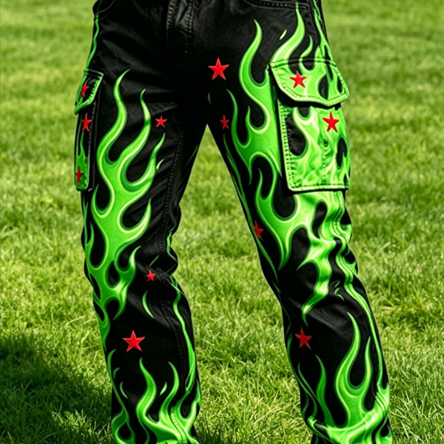 Men' Trendy Green Flame Digital Printed Multi- Pants Casual Versatile Personalized Trousers Suitable For Daily Outing And Party Dressing, Belt Not Included