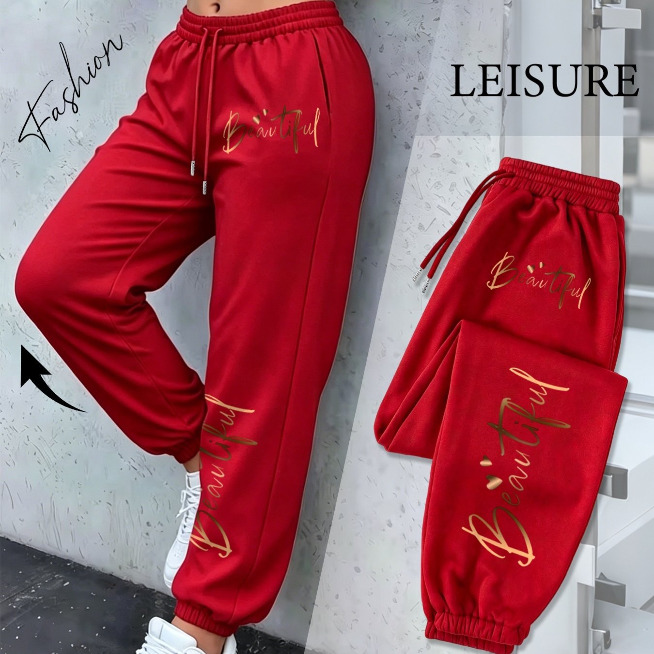 Image of Women' Plus Size High-waisted Jogger Pants With Foil Heart & Handwritten Letter Print - Loose-fit Wide Trousers, Drawstring Waist Suitable For Casual Running, Casual Attire, Gym,, -