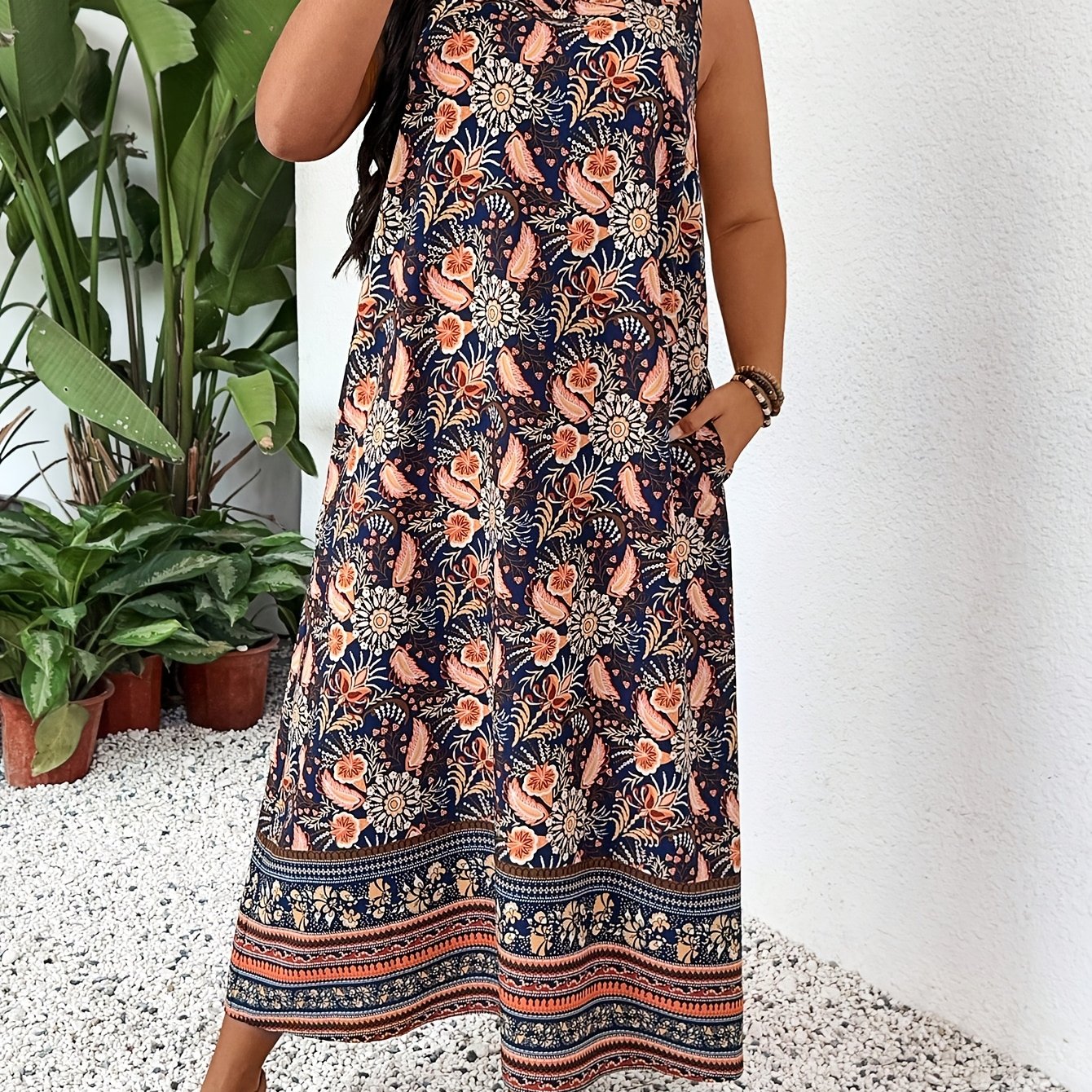 TEMU Plus Size, Plus Size Women's Sleeveless Vacation Print Pocket Dress