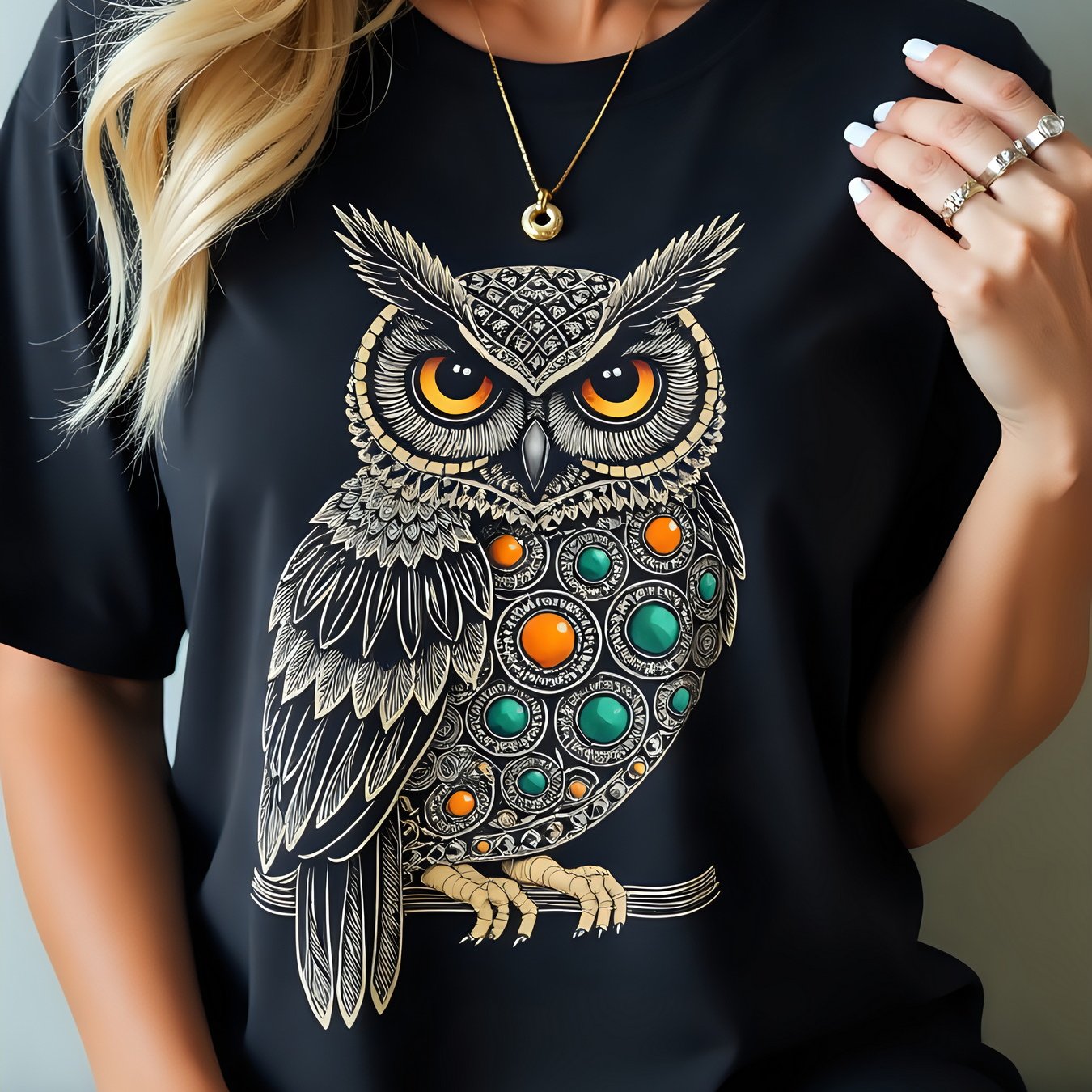 Image of Women's Crew Neck Short Sleeve Tee With Vibrant Owl Print - Casual Loose Fit, Soft & Comfortable Summer Tee With Colorful Accents, Plus Size