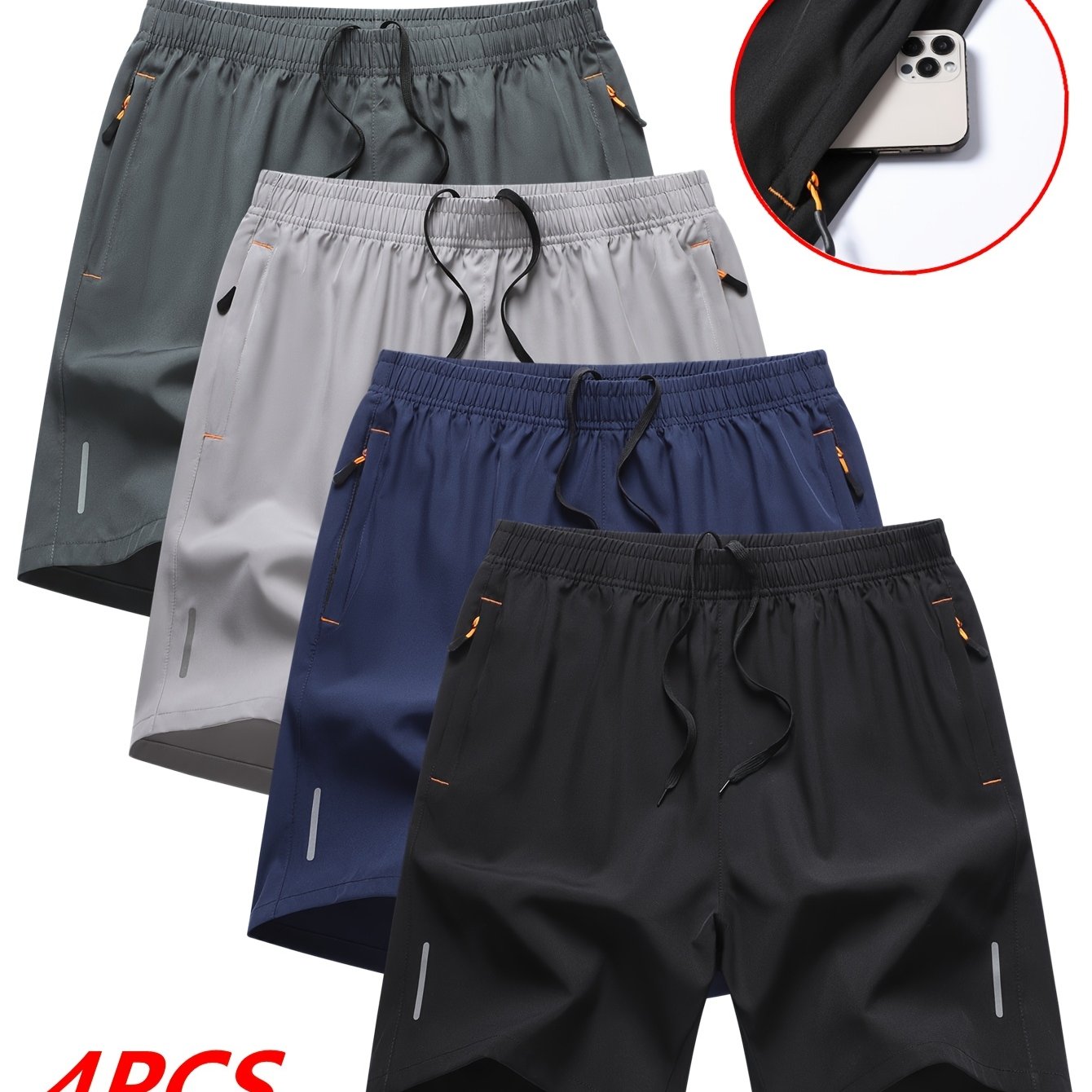 TEMU 4pcs Men's Lightweight Breathable Athletic Shorts - Quick-dry Stretchy Fabric, Reinforced Zipper Pockets & Adjustable Drawstring Waist For