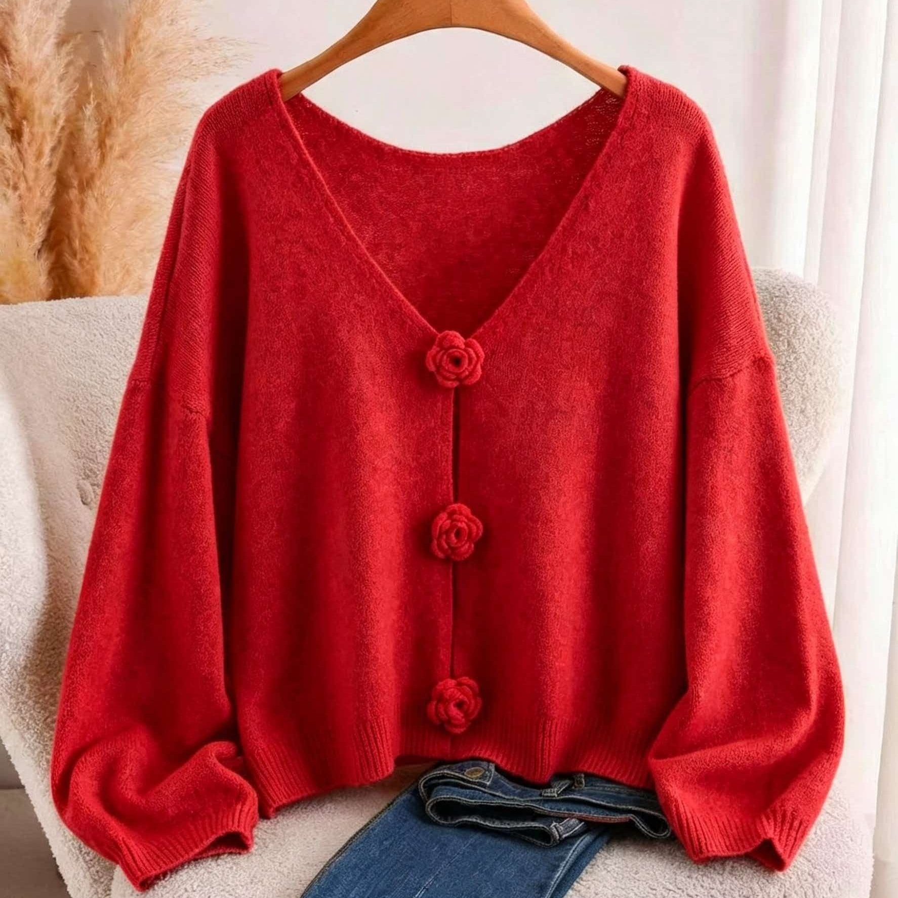 TEMU Plus Size, Flower V-neck Drop Shoulder Cardigan, Loose Drop Shoulder Fit, With Natural Relaxed Vibe, 3d , Skin-friendly & , No Itchiness, Gentle