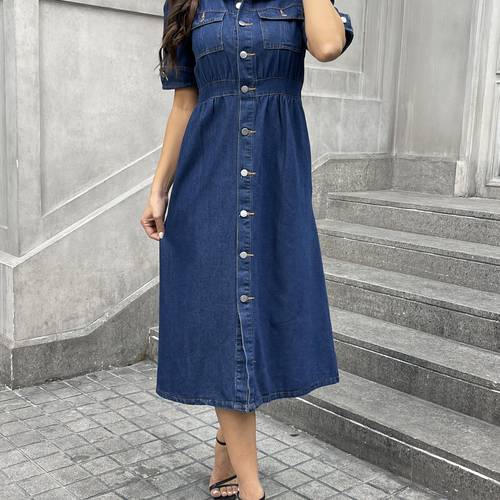 european and trend womens waist denim dress breasted v neck dress
