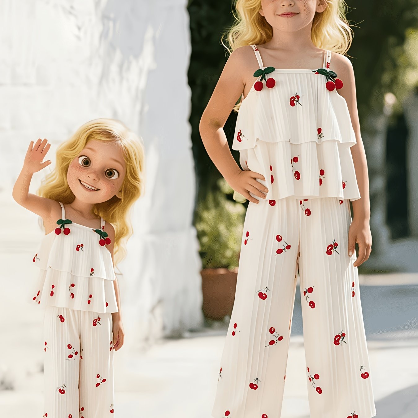 Image of 2pcs Girls' Long Pants Set With Fruit Print Decorated Camisole Top And Straight-leg Pants, Suitable For Daily , Vacations, And Casual Wear, Spring/summer Style, Perfect For Outdoor